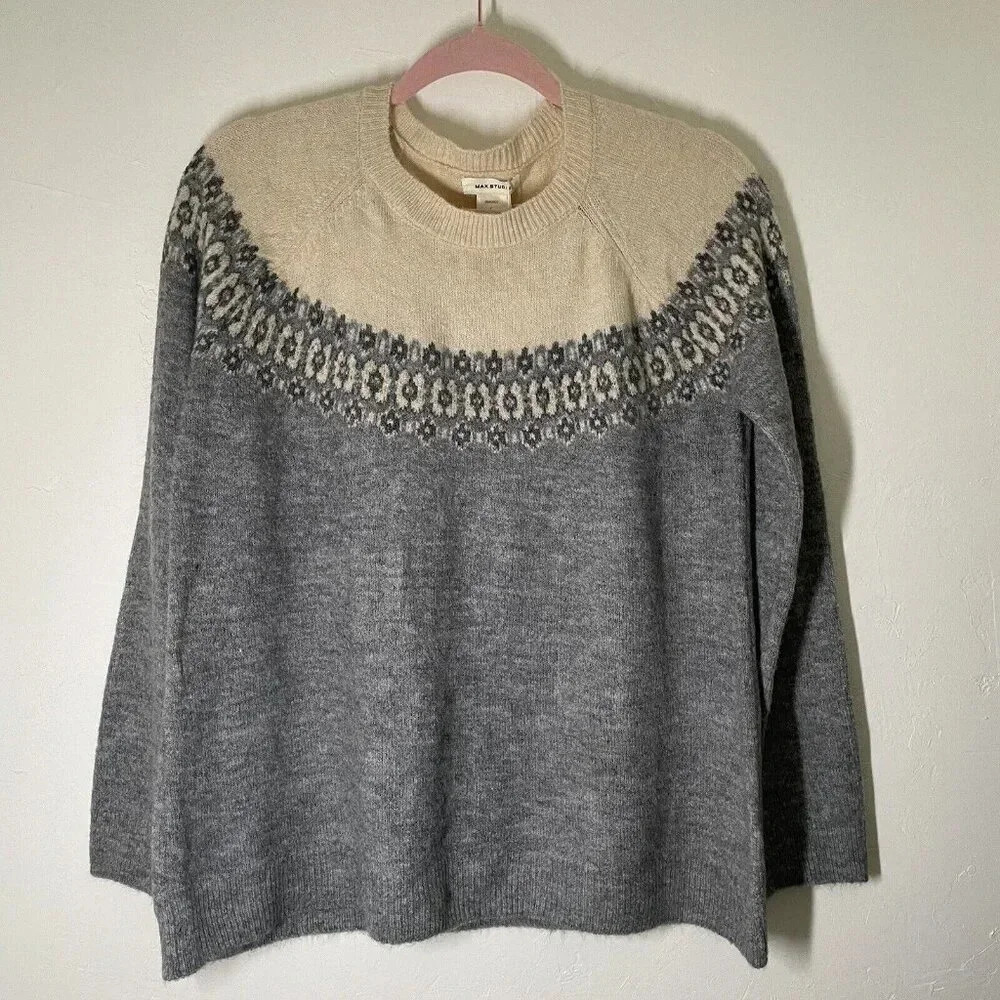 Max Studio Fair Isle Colorblock Pullover Sweater Small Gray Cream Loose Fit NWT